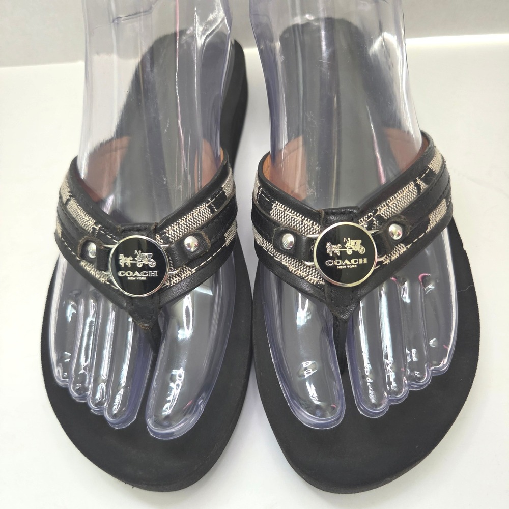 Coach Jasmine Signature C Jacquard Wedge Leather Thong Flip Flop Sandal Black 6B